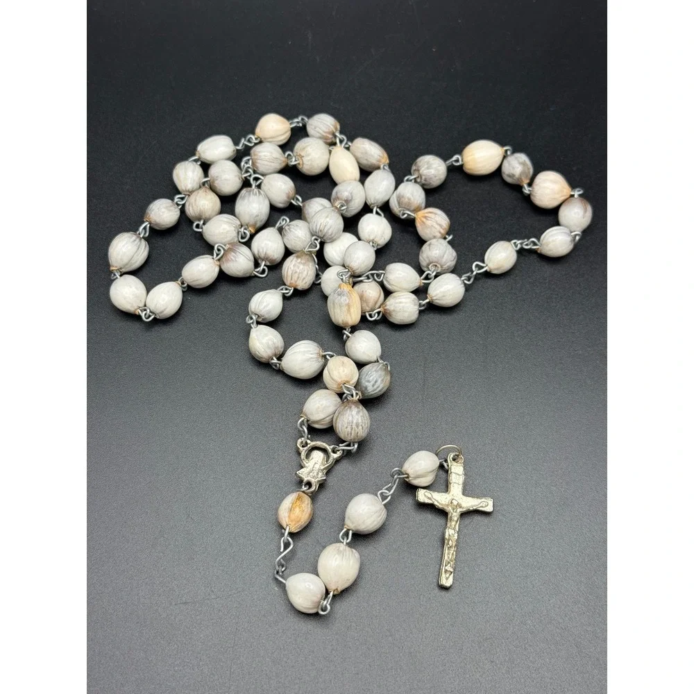 Natural Jobs Tears Seed Rosary Necklace Silver Tone Crucifix Virgin Mary Medal